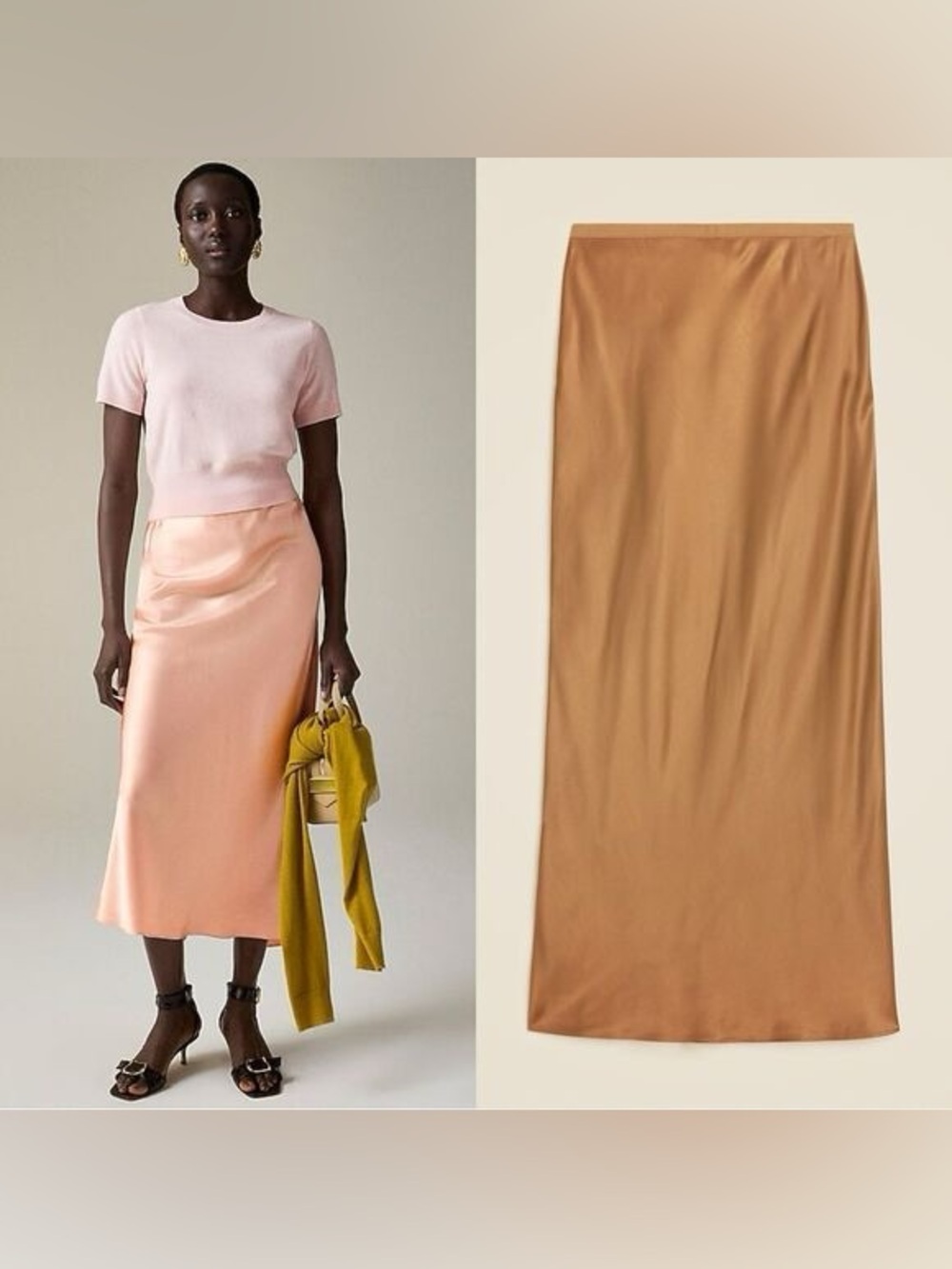 NWT J. Crew Satin Vicose Gwyneth Midi Slip Skirt in Gold Desert Khaki S
